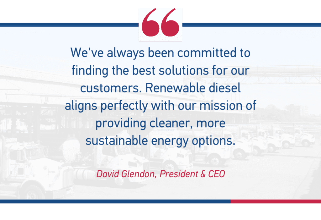 Quote graphic featuring a fleet of Sprague trucks in the background with a testimonial about renewable diesel from David Glendon, President & CEO, highlighting the company’s commitment to cleaner energy solutions.