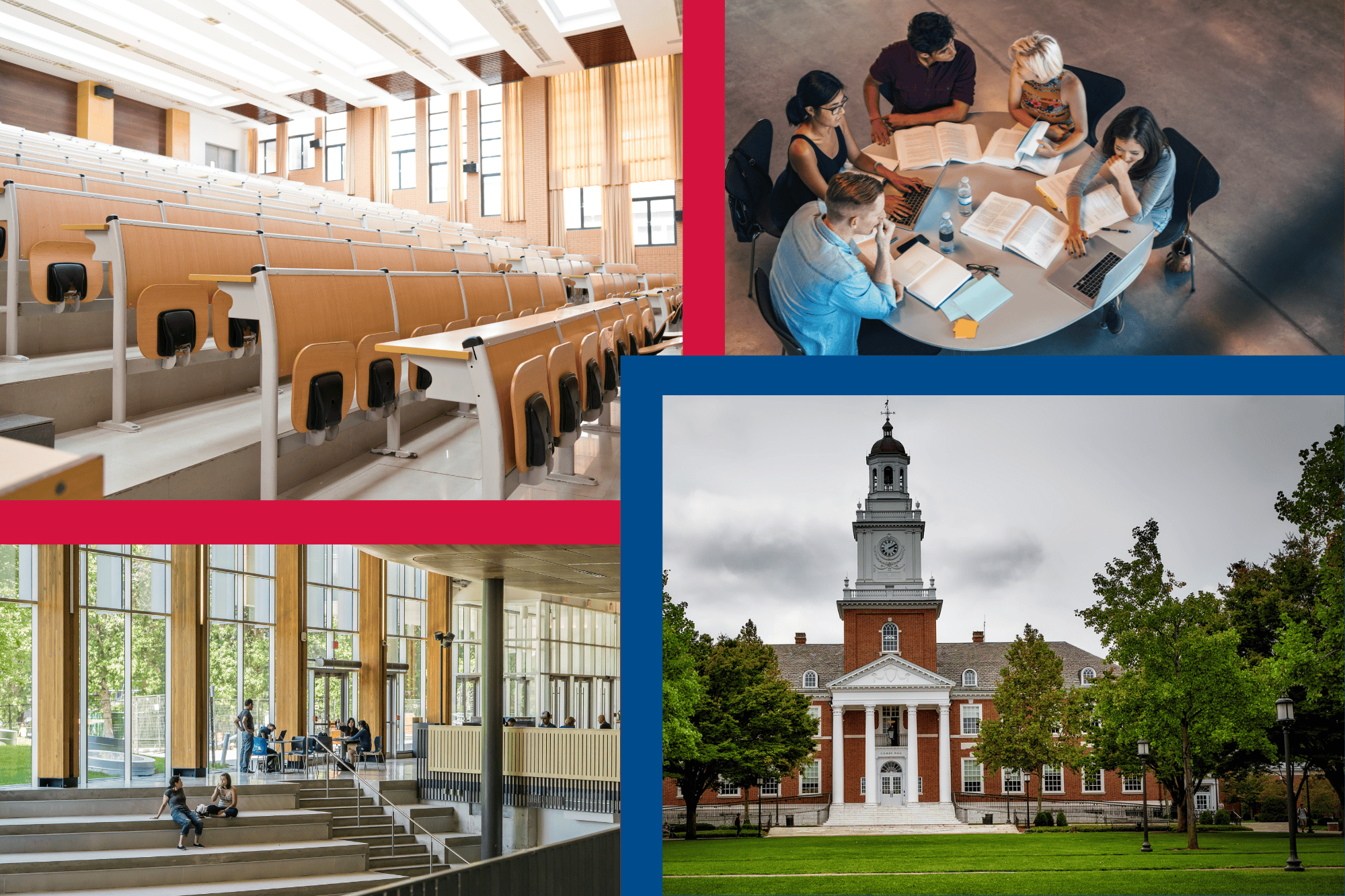 Collage of college life scenes, including an empty lecture hall with tiered seating, a group of students studying at a round table, a modern campus interior with large windows and seating steps, and an exterior view of a historic red-brick academic building with a clock tower.