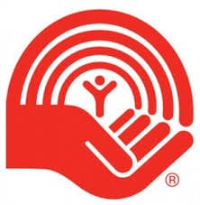 United Way logo featuring a red hand cradling a rainbow with a person at the center, symbolizing community support and care.