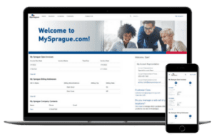 Laptop and smartphone displaying the MySprague.com portal interface, showing customer account details and billing information with a welcome message and image of three professionals collaborating.