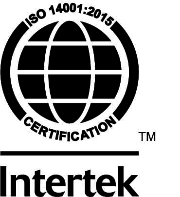 ISO 14001:2015 certification logo by Intertek, indicating environmental management system compliance.