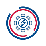 Blue icon of a gear with a lightning bolt inside, representing energy efficiency or power generation, surrounded by a red and blue segmented ring.