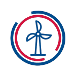 Blue icon of a wind turbine, enclosed in a segmented red and blue circle — illustrating renewable energy or wind power.