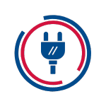 Circular icon of an electrical plug surrounded by red and blue arcs, representing energy or power services.