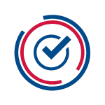 Circular icon with a blue checkmark surrounded by red and blue arcs, symbolizing reliability, approval, or verified service.