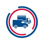 Circular icon with two blue delivery trucks inside red and blue arcs, symbolizing fleet services or transportation logistics.