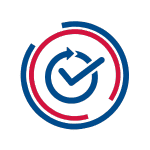 Circular icon with a blue checkmark inside a clockwise arrow, surrounded by segmented red and blue rings, representing reliability, refresh, or recurring validation.