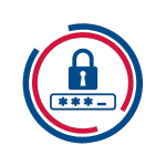 Circular icon featuring a blue padlock above a password entry field, enclosed by segmented red and blue rings, symbolizing secure login or data protection.
