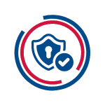 Circular icon featuring a blue shield with a keyhole and a checkmark, surrounded by segmented red and blue rings, symbolizing security and verification.