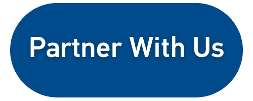 Partner with us text with round blue oval behind the text.