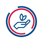 Circular icon featuring an open hand holding two leaves, symbolizing environmental care or sustainability. The design is framed by segmented red and blue arcs.