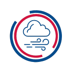 Circular icon showing a cloud with wind lines beneath it, representing air or wind energy. The image is enclosed in segmented red and blue arcs.