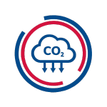 Circular icon with a cloud labeled “CO₂” and three downward arrows, symbolizing carbon emissions reduction. The icon is outlined with segmented red and blue arcs.