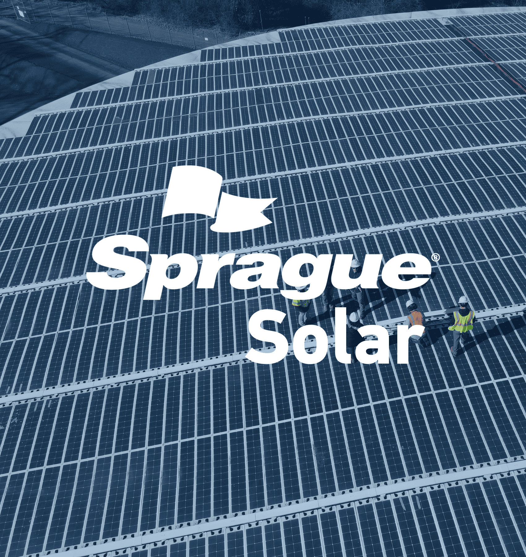 Aerial view of workers inspecting a large solar panel installation on a circular tank roof, overlaid with the Sprague Solar logo