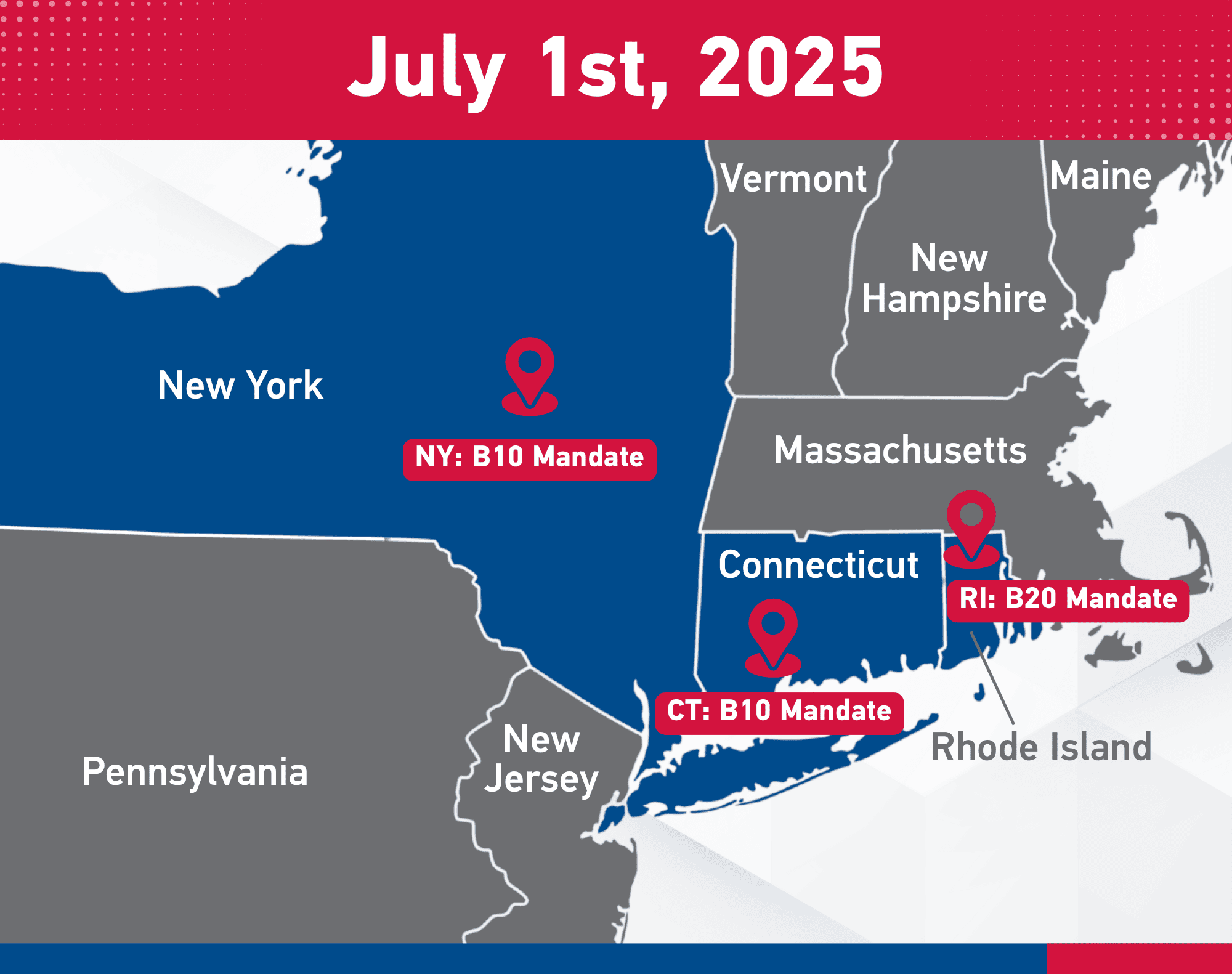 Map highlighting biodiesel mandates effective July 1, 2025: B10 in New York and Connecticut, B20 in Rhode Island.