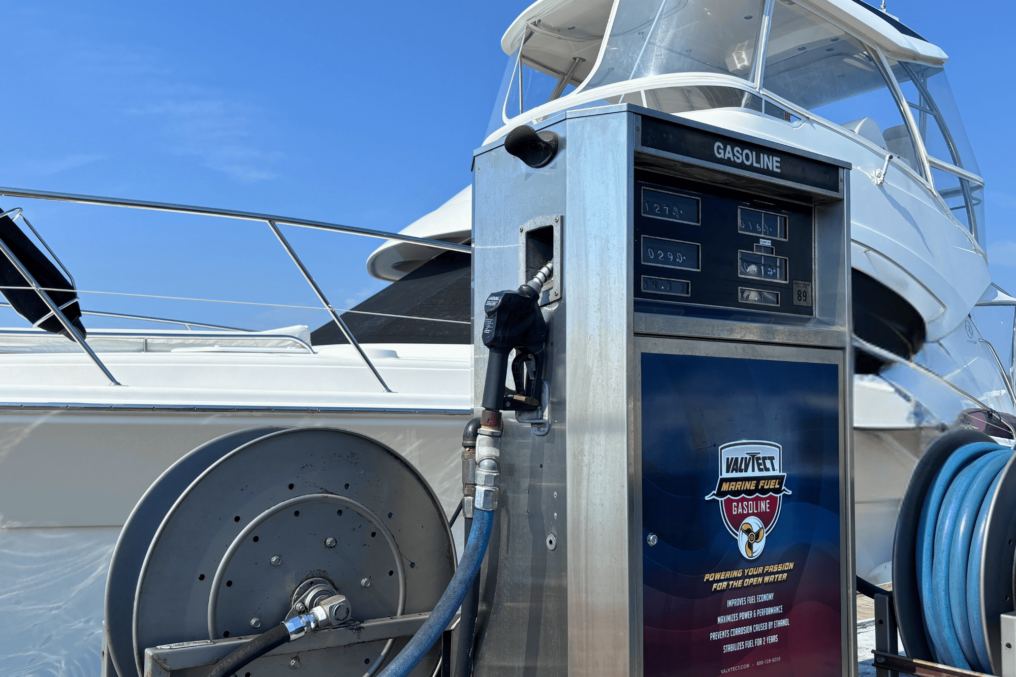 Valvtect marine Fuel pump in front of boat